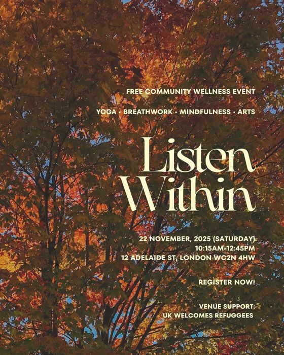 Listen Within poster: autumn trees, free community wellness event, 22 November 2025